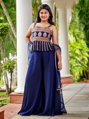 Тёмно-синий индийское национальное платье / костюм для девочки из креп-жоржета без рукавов с пайетками