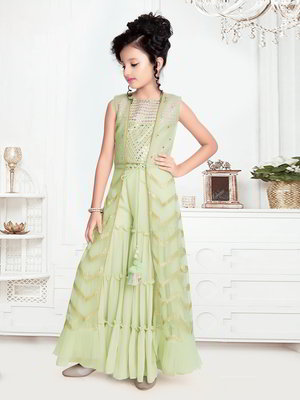 Зелёный индийское национальное платье / костюм для девочки из креп-жоржета без рукавов с пайетками, кусочками зеркалец