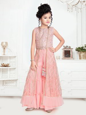 Розовый индийское национальное платье / костюм для девочки из креп-жоржета без рукавов с пайетками, кусочками зеркалец
