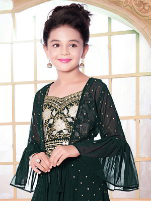 Зелёный индийское национальное платье / костюм для девочки из креп-жоржета с длинными рукавами, украшенный вышивкой люрексом