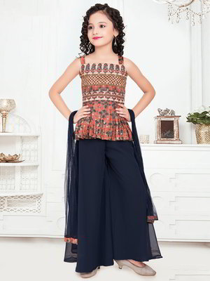 Тёмно-синий индийское национальное платье / костюм для девочки из креп-жоржета без рукавов с пайетками
