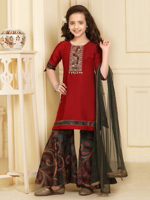 Бордовый хлопковый индийское национальное платье / костюм для девочки, украшенный вышивкой люрексом, печатным рисунком с пайетками