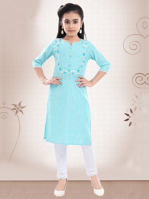 Синий хлопковый индийское национальное платье / костюм для девочки без рукавов, украшенный печатным рисунком