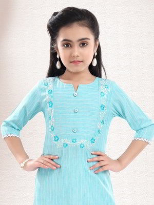 Синий хлопковый индийское национальное платье / костюм для девочки без рукавов, украшенный печатным рисунком