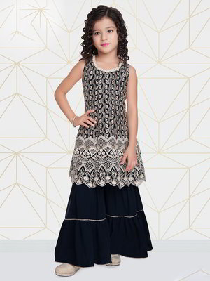 Тёмно-синий индийское национальное платье / костюм для девочки из креп-жоржета без рукавов с пайетками