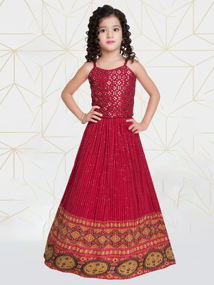 Бордовый индийский национальный костюм для девочки из креп-жоржета без рукавов, украшенный печатным рисунком с кусочками зеркалец