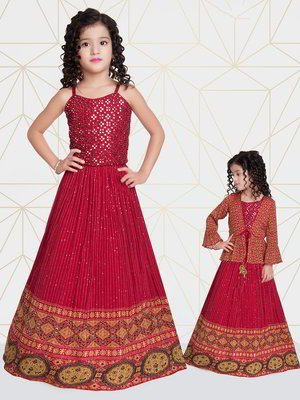 Бордовый индийский национальный костюм для девочки из креп-жоржета без рукавов, украшенный печатным рисунком с кусочками зеркалец