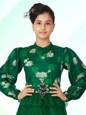Цвета зелёной сосны индийское платье «в пол» / костюм для девочки из фатина с длинными рукавами, украшенный печатным рисунком