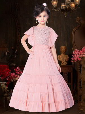 Розовый индийское платье «в пол» / костюм для девочки из креп-жоржета с пайетками, кусочками зеркалец