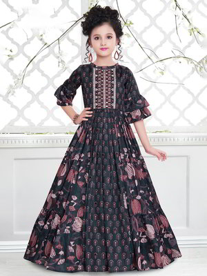 Серый хлопко-шёлковый индийское платье «в пол» / костюм для девочки с рукавами ниже локтя с пайетками, кусочками зеркалец