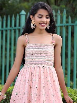 Розовый индийское платье «в пол» / костюм для девочки из креп-жоржета без рукавов с кусочками зеркалец