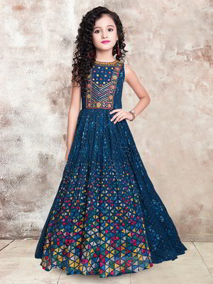 Тёмно-синий индийское платье «в пол» / костюм для девочки из креп-жоржета без рукавов с пайетками, кусочками зеркалец