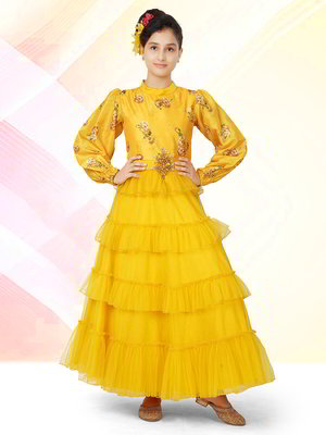 Жёлтый индийское платье «в пол» / костюм для девочки из фатина с длинными рукавами, украшенный печатным рисунком