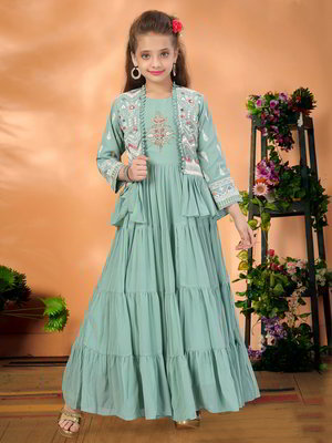 Зелёный индийское платье «в пол» / костюм для девочки из креп-жоржета с рукавами три-четверти с кусочками зеркалец