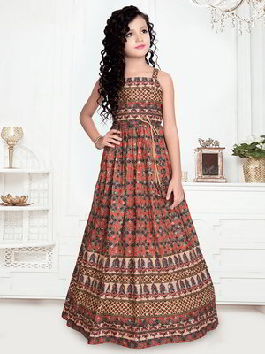 Коричневый хлопко-шёлковый индийское платье «в пол» / костюм для девочки без рукавов, украшенный печатным рисунком