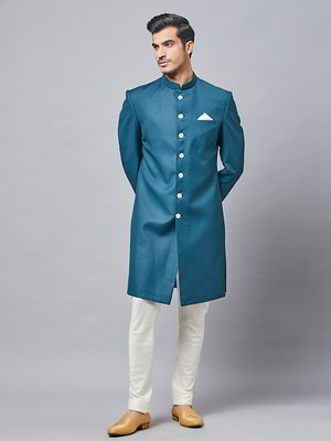 Сине-зелёный и синий хлопко-шёлковый индийский мужской костюм