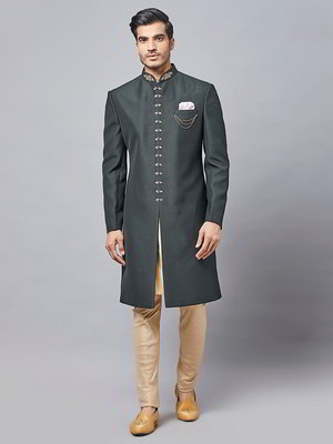 Тёмно-зелёный текстурированный и хлопко-шёлковый индийский мужской костюм