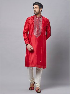 Бордовый шёлковый индийский национальный мужской костюм с кусочками зеркалец