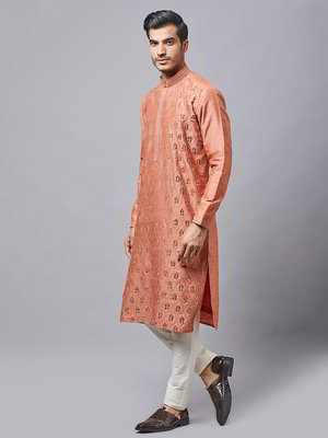 Цвета меди и коричневый индийский национальный мужской костюм из шёлка с кусочками зеркалец