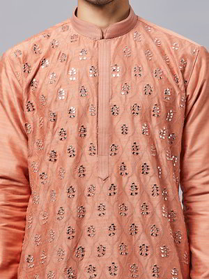 Цвета меди и коричневый индийский национальный мужской костюм из шёлка с кусочками зеркалец