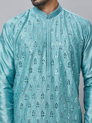 Синий хлопковый и шёлковый индийский национальный мужской костюм с кусочками зеркалец