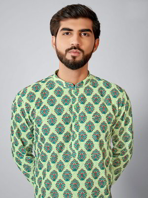Зелёный хлопко-шёлковый индийский национальный мужской костюм