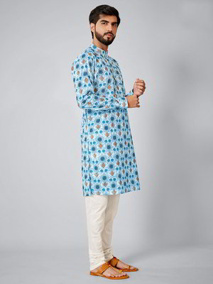 Синий хлопко-шёлковый индийский национальный мужской костюм