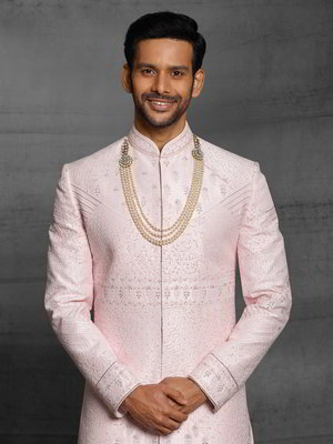 Розовый шёлковый индийский свадебный мужской костюм