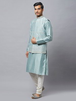 Зелёный шёлковый национальный мужской костюм с жилетом с кусочками зеркалец