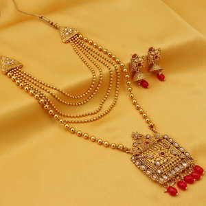 Красное позолоченное индийское украшение на шею (набор)