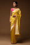 *Жёлтое и золотое изумительное вечернее свадебное индийское сари из натурального шёлка