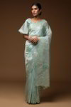*Мятно-зелёное изумительное нарядное красивое свадебное индийское сари из фатина, украшенное вышивкой