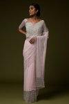 *Серебристое и розовое изумительное красивое свадебное индийское сари из креп-жоржета и фатина, украшенное вышивкой