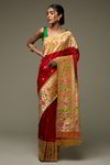 *Разноцветное и красное эффектное вечернее свадебное индийское сари из натурального шёлка
