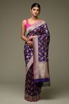 *Фиолетовое и золотое изумительное вечернее свадебное индийское сари из натурального шёлка
