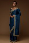 *Золотое и синее изумительное вечернее нарядное свадебное индийское сари из шёлка-сырца и органзы