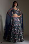 *Тёмно-синий индийский женский свадебный костюм лехенга (ленга) чоли из натурального шёлка без рукавов, украшенный вышивкой