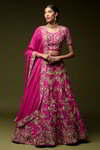 *Пурпурный и розовый индийский женский свадебный костюм лехенга (ленга) чоли из натурального шёлка-сырца и шёлка с короткими рукавами, украшенный вышивкой