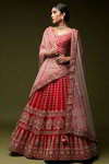 *Красный индийский женский свадебный костюм лехенга (ленга) чоли из натурального шёлка-сырца и шёлка, украшенный вышивкой