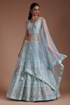 *Синий индийский женский свадебный костюм лехенга (ленга) чоли из фатина без рукавов, украшенный скрученной шёлковой нитью со стразами, пайетками