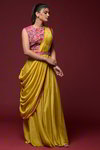 *Жёлтый и розовый индийский женский свадебный костюм лехенга (ленга) чоли из шёлкового атласа без рукавов, украшенный вышивкой