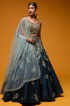 *Синий индийский женский свадебный костюм лехенга (ленга) чоли из натурального шёлка без рукавов, украшенный вышивкой