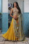 *Жёлтый и зелёный индийский женский свадебный костюм лехенга (ленга) чоли из креп-жоржета и шёлка без рукавов, украшенный вышивкой