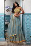 *Жёлтый и синий индийский женский свадебный костюм лехенга (ленга) чоли из креп-шёлка без рукавов, украшенный вышивкой