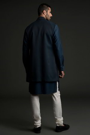 Синий шёлковый национальный мужской костюм с жилетом