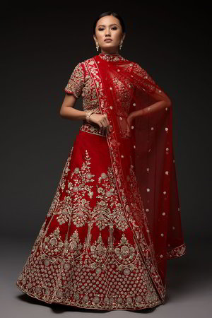 Красный индийский женский свадебный костюм лехенга (ленга) чоли из натурального шёлка-сырца и шёлка, украшенный вышивкой