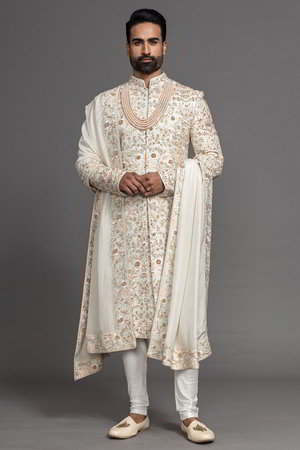 Белый национальный индийский свадебный мужской костюм / шервани из шёлка