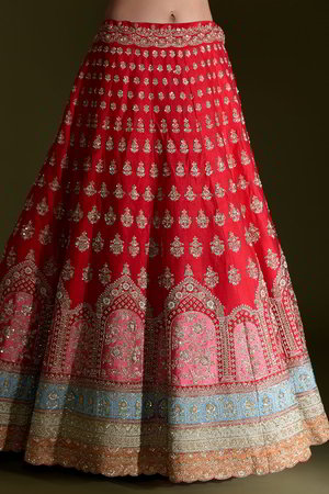Красный индийский женский свадебный костюм лехенга (ленга) чоли из натурального шёлка, украшенный вышивкой