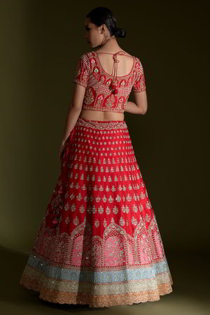 Красный индийский женский свадебный костюм лехенга (ленга) чоли из натурального шёлка, украшенный вышивкой