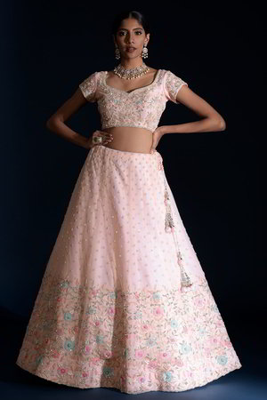 Розовый индийский женский свадебный костюм лехенга (ленга) чоли из фатина с короткими рукавами, украшенный вышивкой